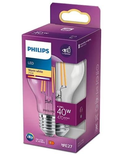 Żarówka LED Philips Filament A60  4,3 W , E27,  470 lm, ciepła biel 2700 K - Sklep NewLed