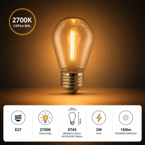 Żarówka plastikowa LED 2W Filament, ST14 E27 150lm 2700K barwa ciepła
