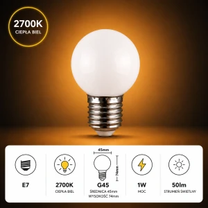 Żarówka LED E27 1W G45 220V ciepła biała plastikowa