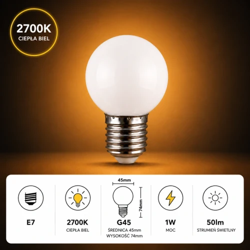 Żarówka LED E27 1W G45 220V ciepła biała plastikowa
