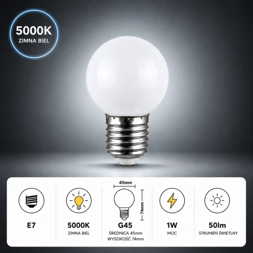 Żarówka LED E27 1W G45 220V barwa zimna plastikowa