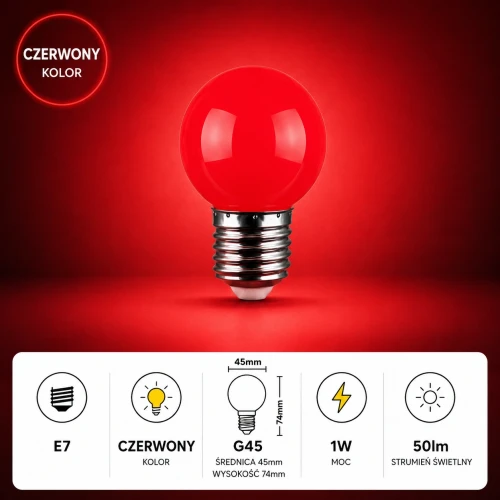 Żarówka LED E27 1W G45 220V CZERWONA plastikowa