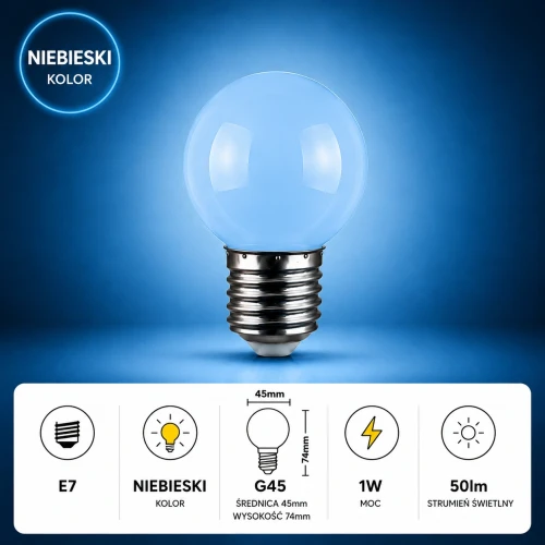 Żarówka LED E27 1W G45 220V NIEBIESKA plastikowa