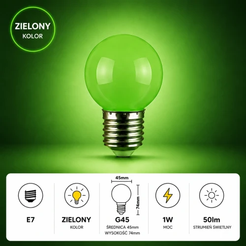 Żarówka LED E27 1W G45 220V zielona plastikowa