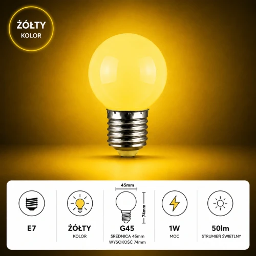 Żarówka LED E27 1W G45 220V żółta plastikowa