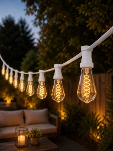 Girlanda Ogrodowa 10m 11xE27 IP44 + Żarówki ST64 LED 1800K Ściemnialne – Biała / Czarna