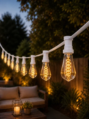 Girlanda Ogrodowa 10m 11xE27 IP44 + Żarówki ST64 LED 1800K Ściemnialne – Biała / Czarna - Sklep NewLed