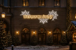 Napis LED „Wesołych Świąt” na elewację budynku – 2 × 5,2 m, 336 LED