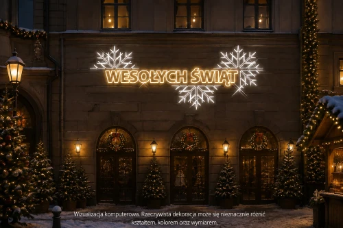 Napis LED „Wesołych Świąt” na elewację budynku – 2 × 5,2 m, 336 LED