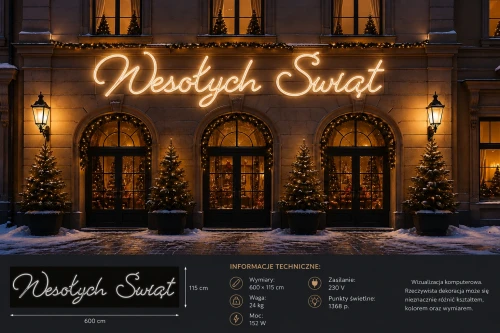 Napis świetlny LED „Wesołych Świąt” na elewację – 600 × 115 cm