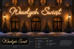 Napis świetlny LED „Wesołych Świąt” na elewację – 800 × 150 cm