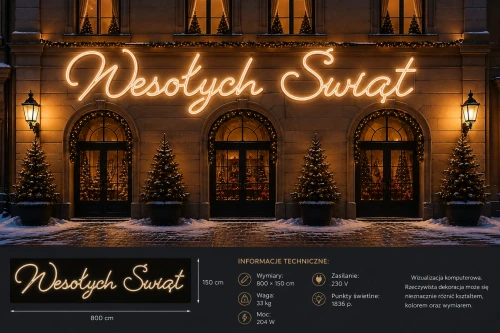 Napis świetlny LED „Wesołych Świąt” na elewację – 800 × 150 cm