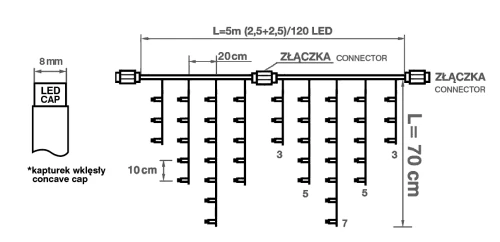 Sople LED zewnętrzne 5x0,7m 230V NIEBIESKIE IP67 120led 5W czarny kabel - Sklep NewLed