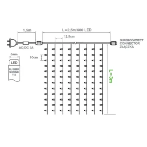 Kurtyna LED600 2,5x3,0m barwa ciepła kabel pvc transparentny kolekcja srebrna