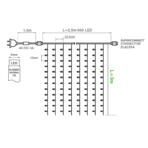 Kurtyna LED600 2,5x3,0m barwa ciepła kabel pvc transparentny kolekcja srebrna - Sklep NewLed