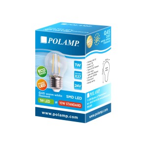 Żarówka LED 24V DC G45 1W BIAŁA CIEPŁA KULKA 
